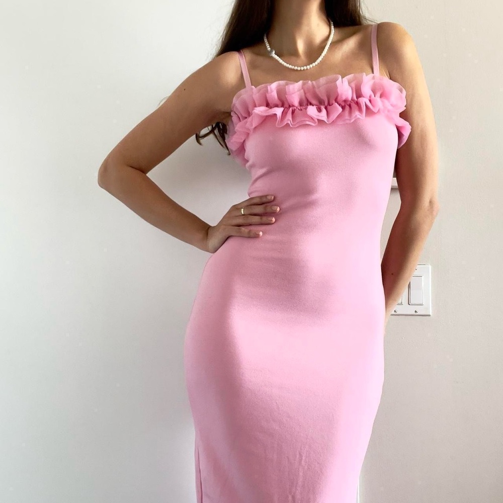 & Other Stories | Bubblegum Pink Organza Ruffled Bodycon Midi Dress | Size XS